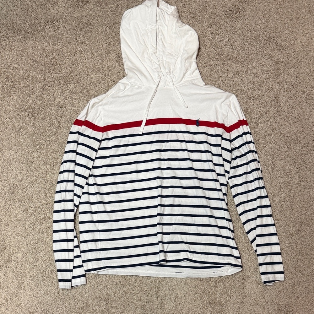 Mens Polo White and Navy Striped Hoodie Shirt with Red Accent